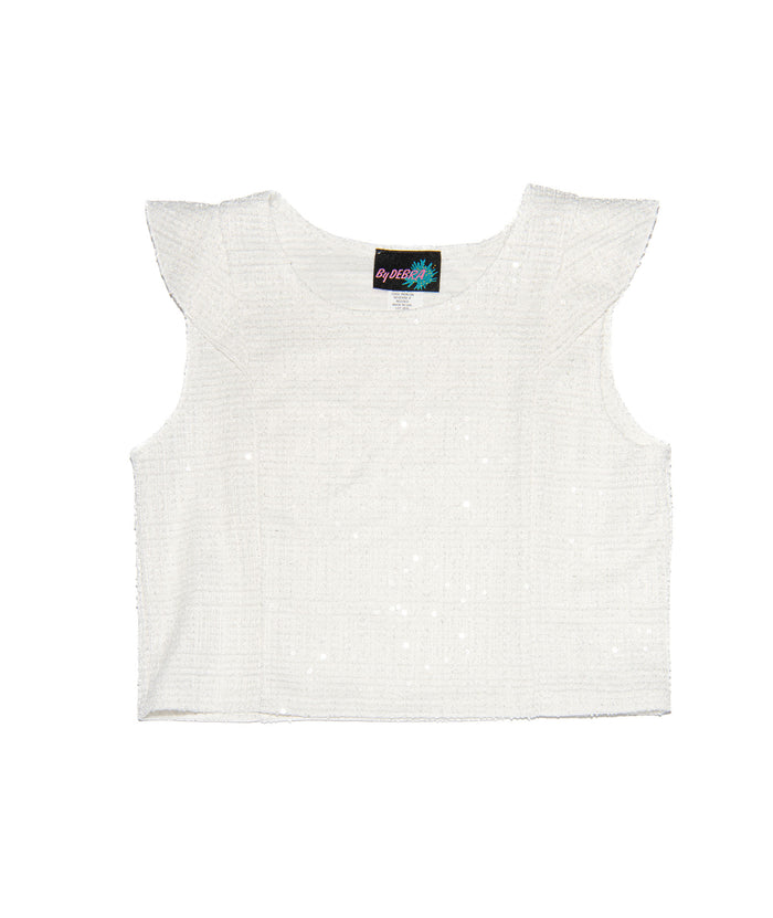By Debra Girls Leah White Sequin Flutter Sleeve Top Distressed/seasonal girls By Debra White Y/XS (6X)
