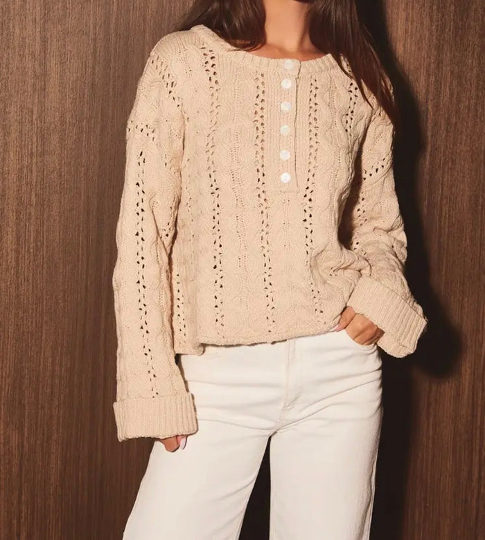 Cable Knit Pointelle Henley Oversized Sweater - Taupe