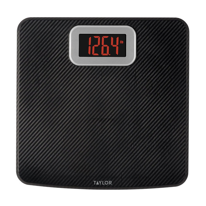 Carbon fiber textured bathroom scale with a silver-framed red LCD display showing 126.4 lb