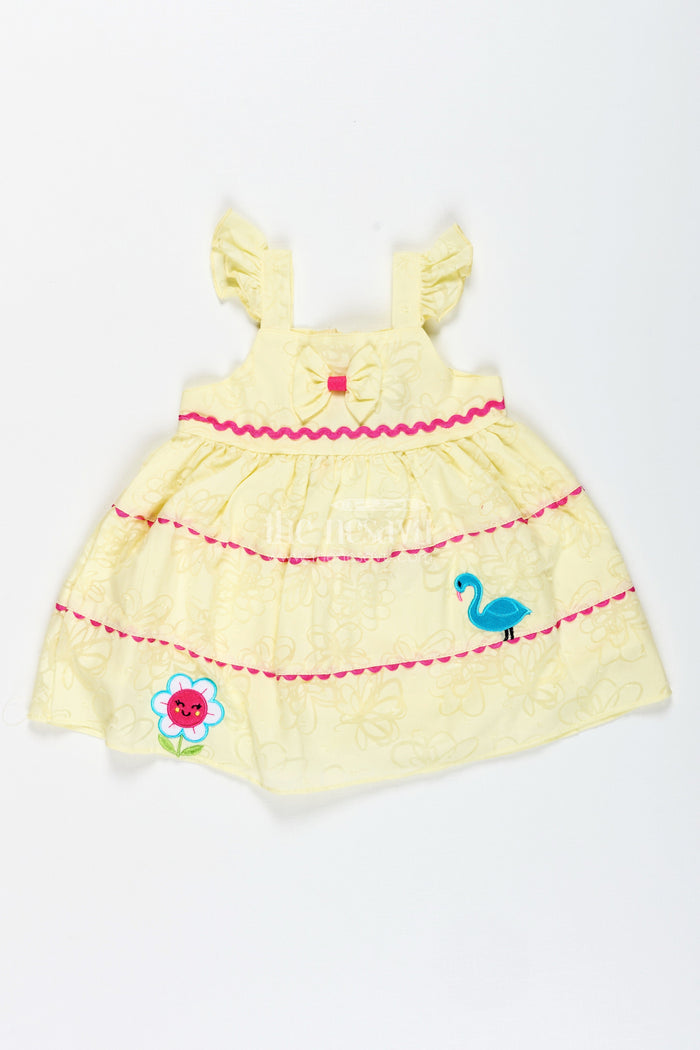 The Nesavu Baby Cotton Frocks Cartoon Print Frock for Baby Girls Daily Wear Nesavu 14 (6M) / Yellow BFJ837A-14 Nesavu Yellow Cartoon Embroidered Casual Frock Baby Girls Frills Bow Soft Georgette