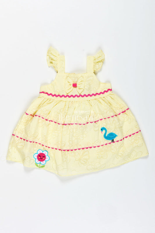The Nesavu Baby Cotton Frocks Cartoon Print Frock for Baby Girls Daily Wear Nesavu 14 (6M) / Yellow BFJ837A-14 Nesavu Yellow Cartoon Embroidered Casual Frock Baby Girls Frills Bow Soft Georgette