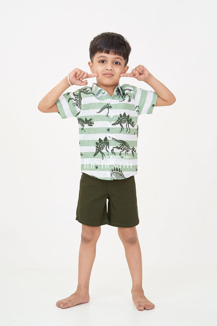 The Nesavu Boys Casual Set Casual Beach Dresses for Boys with Dinosaur Printed Shirt and Forest Green Cotton Shorts Nesavu 20 (3Y) / Green BCS253A-20 Nesavu Boys Casual Beach Dresses Dinosaur Print Shirt Forest Green Shorts