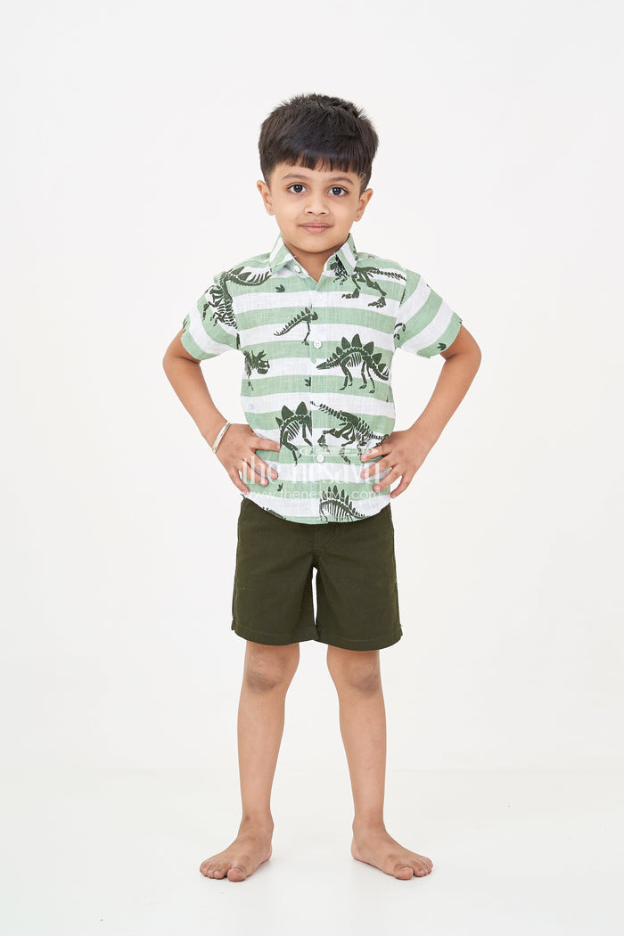 The Nesavu Boys Casual Set Casual Beach Dresses for Boys with Dinosaur Printed Shirt and Forest Green Cotton Shorts Nesavu Nesavu Boys Casual Beach Dresses Dinosaur Print Shirt Forest Green Shorts