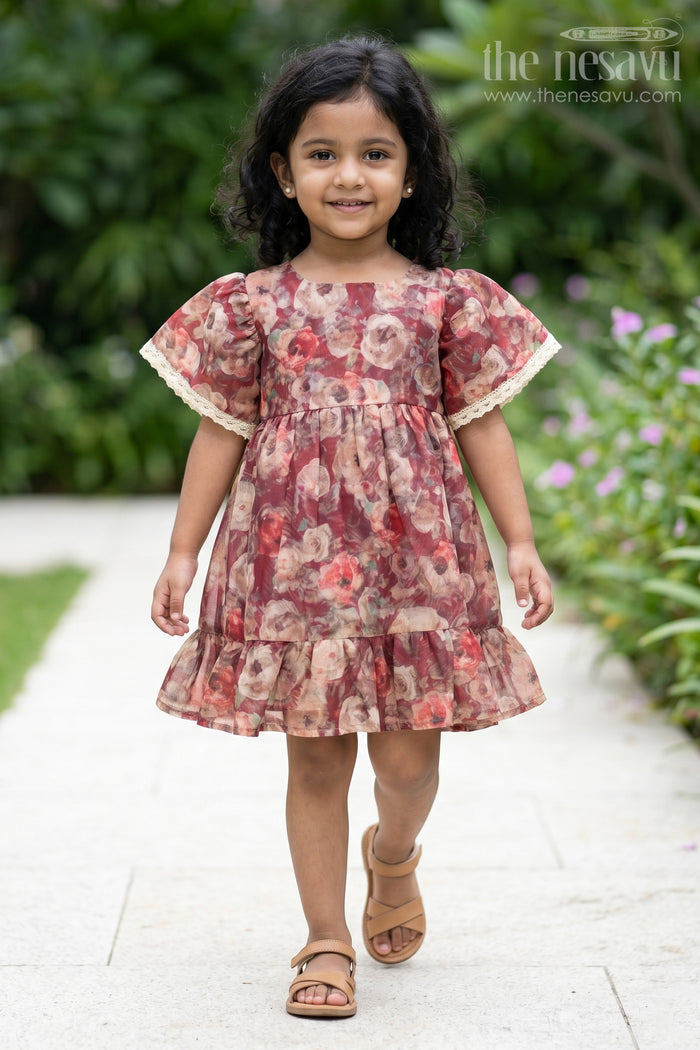 The Nesavu Girls Chanderi Frock Casual Cotton Frock for Women with Floral Tissue Print and Puff Sleeves, Ideal for Summer Outings and Playdates Nesavu 18 (2Y) / Maroon GFC1452B-18 Casual Cotton Frock Women Floral Tissue Print Nesavu Ideal Summer Outings Playdates