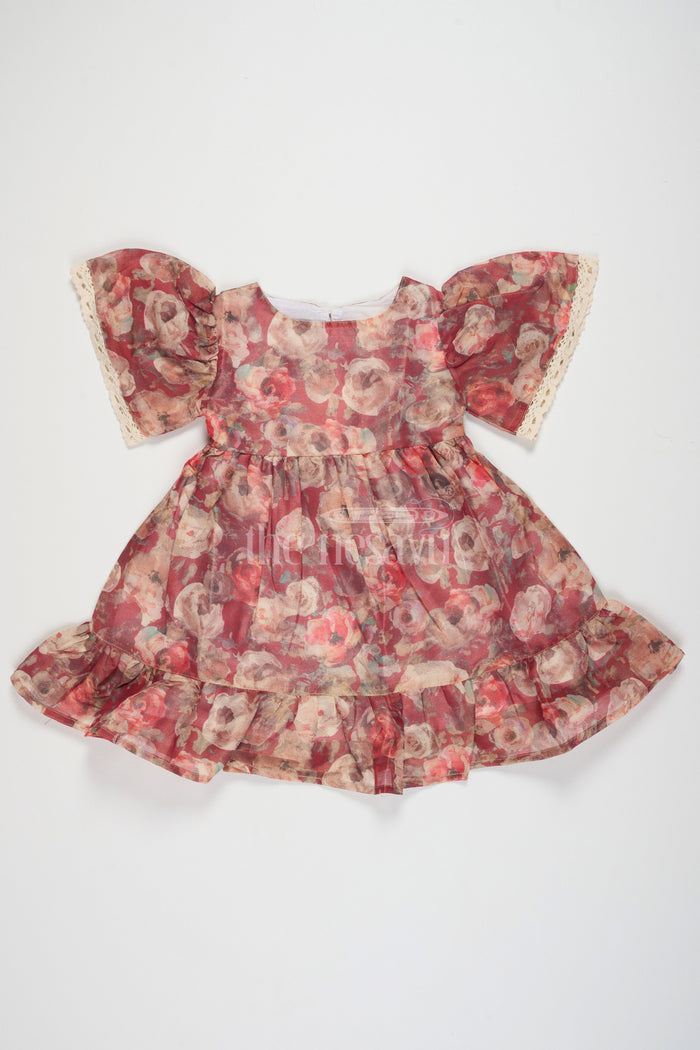The Nesavu Girls Chanderi Frock Casual Cotton Frock for Women with Floral Tissue Print and Puff Sleeves, Ideal for Summer Outings and Playdates Nesavu 18 (2Y) / Maroon GFC1452B-18 Casual Cotton Frock Women Floral Tissue Print Nesavu Ideal Summer Outings Playdates
