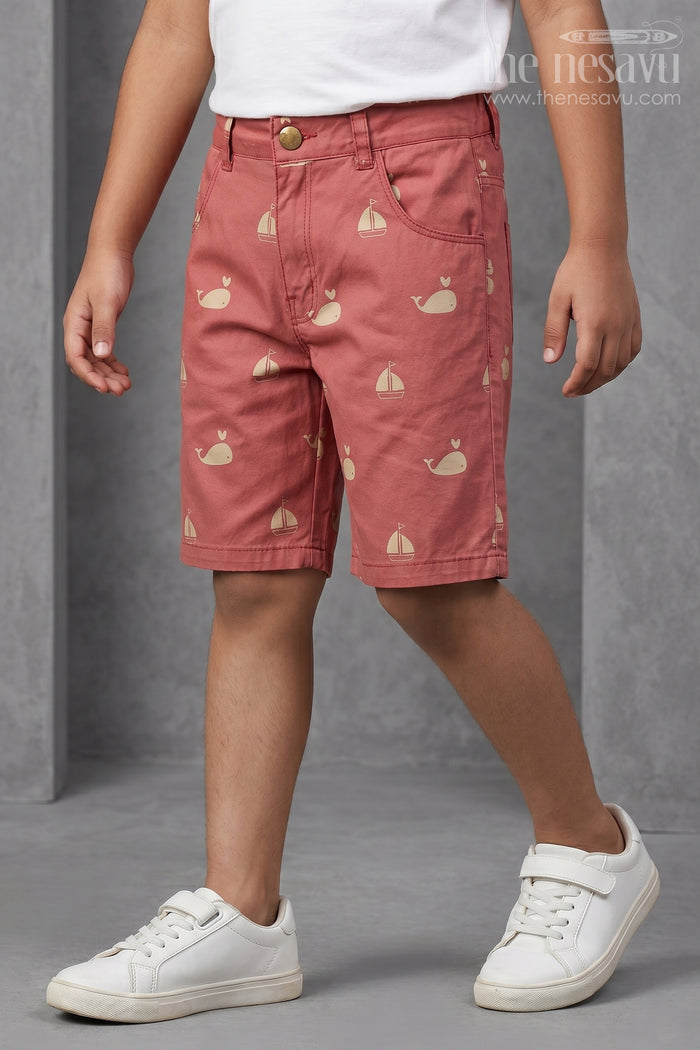 The Nesavu Boys Shorts Casual Cycling Shorts for Boys in Red Cotton with Yellow Whale and Boat Digital Print Nesavu 26 (6Y) / Orange BWS014A-26 Casual Cycling Shorts Boys Red Cotton Yellow Whale Boat Print | The Nesavu