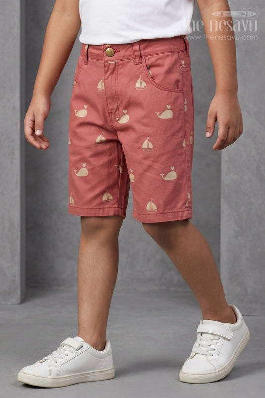 The Nesavu Boys Shorts Casual Cycling Shorts for Boys in Red Cotton with Yellow Whale and Boat Digital Print Nesavu 26 (6Y) / Orange BWS014A-26 Casual Cycling Shorts Boys Red Cotton Yellow Whale Boat Print | The Nesavu