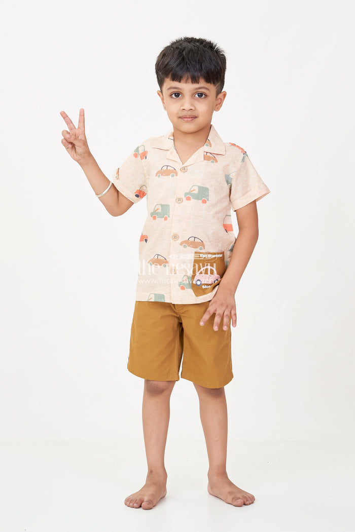 The Nesavu Boys Casual Set Casual Decent Dress for Boys with Car Printed Cotton Shirt and Mustard Shorts for Daywear Nesavu 20 (3Y) / Peach BCS255A-20 Nesavu Boys Casual Decent Dress Car Print Shirt Mustard Cotton Shorts