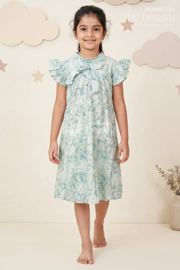 The Nesavu Girls Cotton Frock Casual Frock for Baby Girls in Modal Silk with Kantha Style Stitch Style Digital Print and Flowy Design Nesavu 18 (2Y) / Green GFC1697A-18 Casual Frock Baby Girls Modal Silk with Kantha Style Print Bow Detailing | The Nesavu