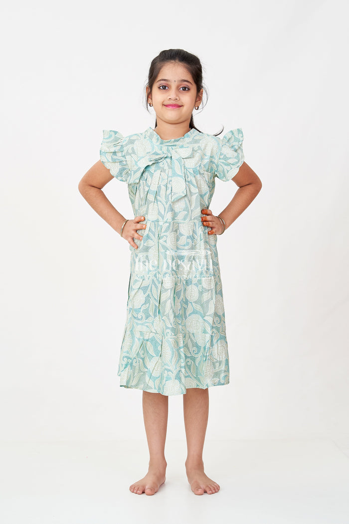 The Nesavu Girls Cotton Frock Casual Frock for Baby Girls in Modal Silk with Kantha Style Stitch Style Digital Print and Flowy Design Nesavu 18 (2Y) / Green GFC1697A-18 Nesavu Casual Frock Baby Girls Modal Silk with Kantha Style Print Bow Detailing