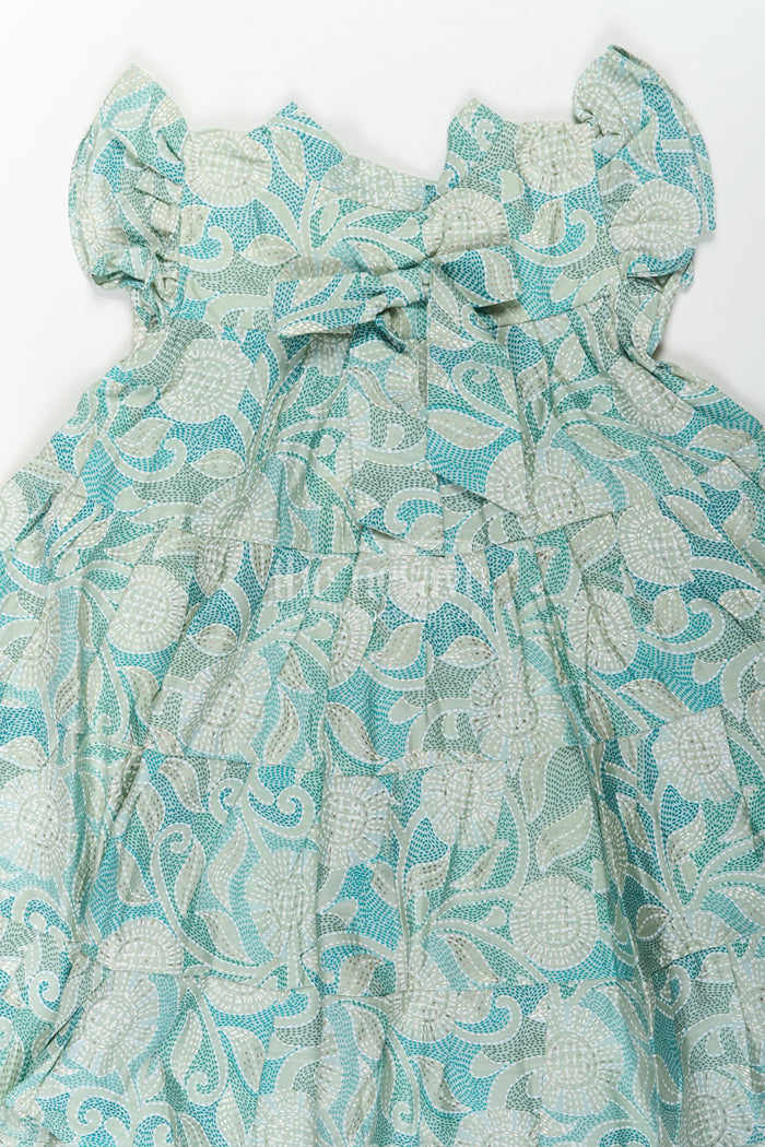 The Nesavu Girls Cotton Frock Casual Frock for Baby Girls in Modal Silk with Kantha Style Stitch Style Digital Print and Flowy Design Nesavu Nesavu Casual Frock Baby Girls Modal Silk with Kantha Style Print Bow Detailing