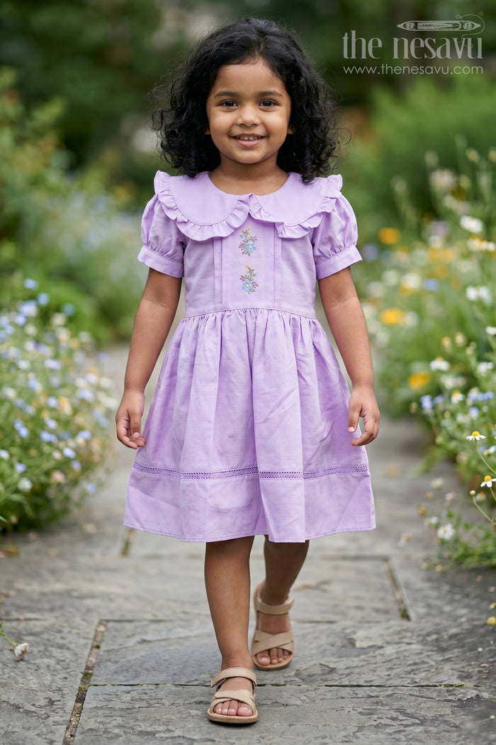 The Nesavu Girls Fancy Frock Casual Frock for Girls in Poly Blended Fabric with Embroidered Details Nesavu 20 (3Y) / Purple GFC1622B-20 Casual Frock Girls Poly Blended Fabric Embroidered Details | The Nesavu