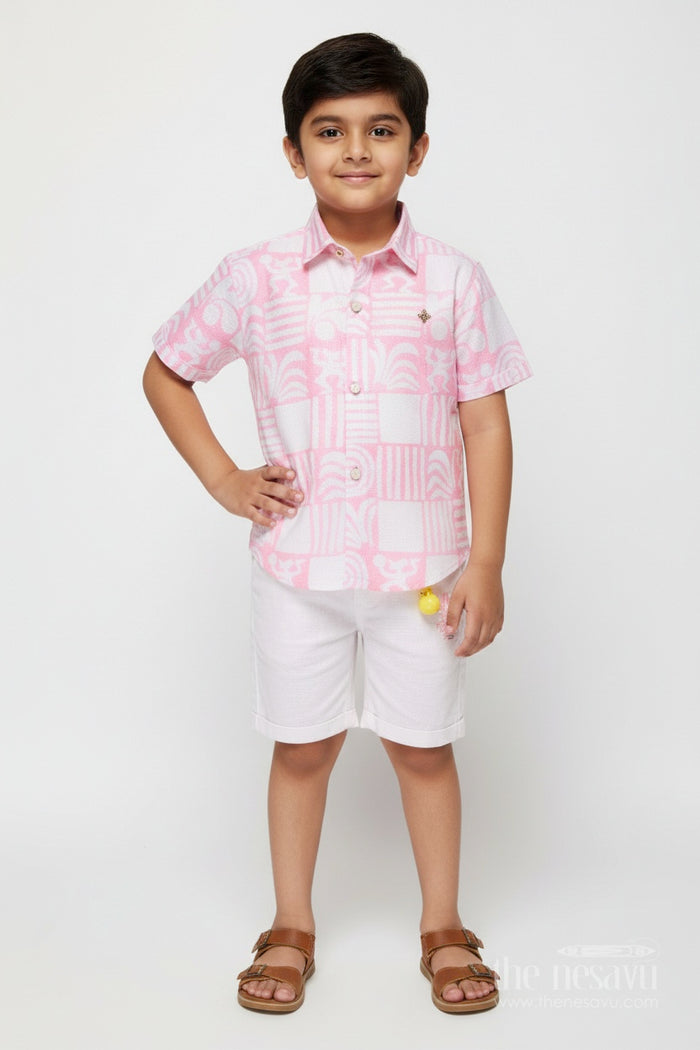 The Nesavu Boys Casual Set Casual Shirt and Shorts Set for Boys Everyday Summer Wear Nesavu 12 (3M) / Peach BCS327A-12 Nesavu Boys Cotton Casual Shirt Shorts Digital Wave Print Everyday Comfort