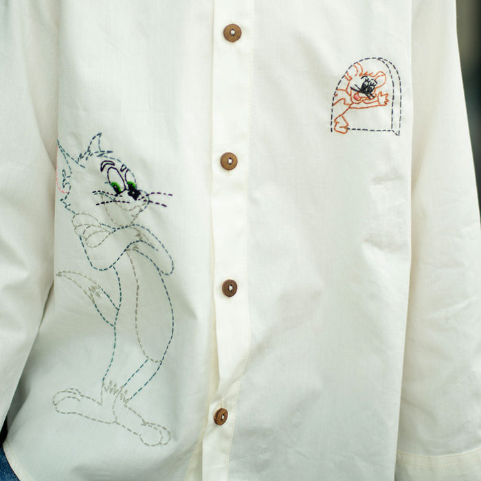 Cat and Mouse Cartoon Embroidered Organic Cotton Shirt - White (1-14 Years)