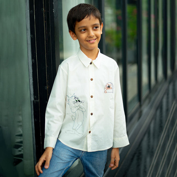 Cat and Mouse Cartoon Embroidered Organic Cotton Shirt - White (1-14 Years)
