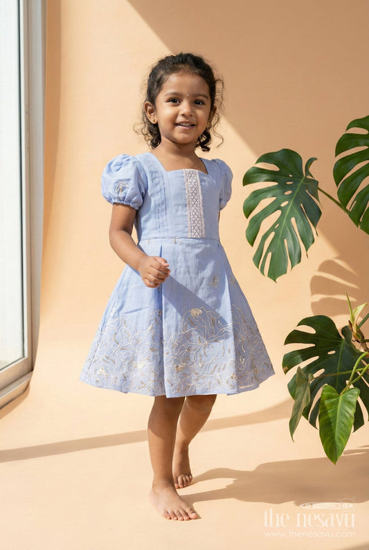 The Nesavu Girls Chanderi Frock Chanderi Frock for Toddler Girls for Weddings and Festive Events Nesavu 20 (3Y) / Blue GFC1827B-20 Nesavu chanderi embroidered frock toddler girls weddings traditional functions