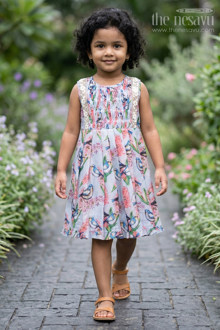 The Nesavu Girls Cotton Frock Charming Bird & Floral Printed Cotton Frock for Girlsfresh Spring Collection Nesavu 16 (1Y) / Gray / Cotton GFC1201B-16 Girls Designer Cotton Print Frocks | The Nesavu
