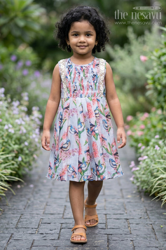 The Nesavu Girls Cotton Frock Charming Bird & Floral Printed Cotton Frock for Girlsfresh Spring Collection Nesavu 16 (1Y) / Gray / Cotton GFC1201B-16 Girls Designer Cotton Print Frocks | The Nesavu