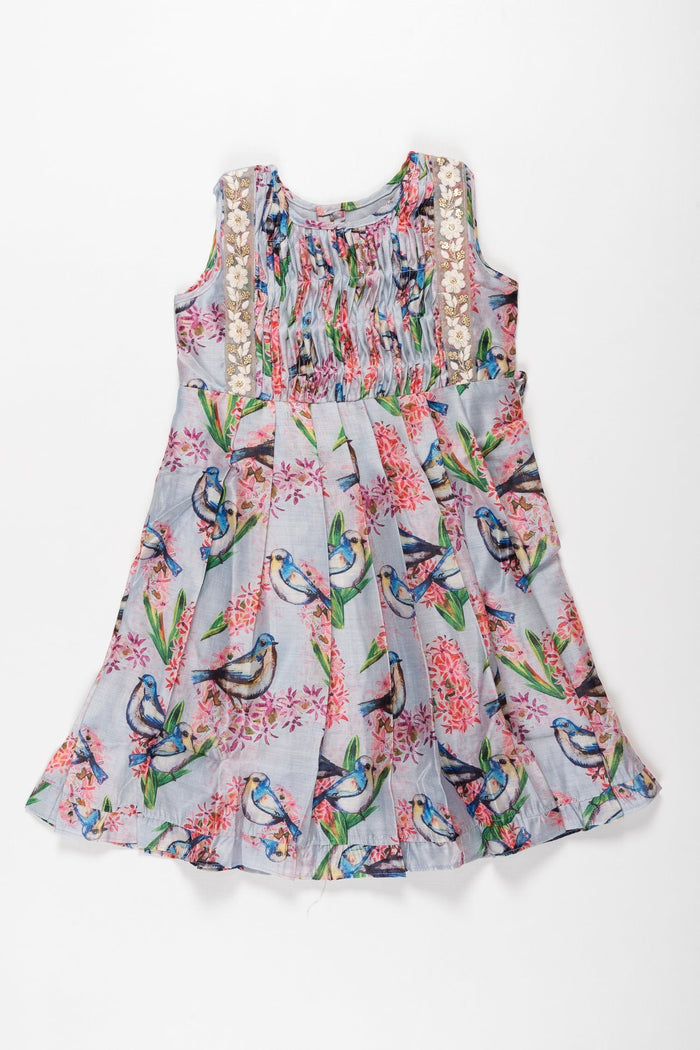 The Nesavu Girls Cotton Frock Charming Bird & Floral Printed Cotton Frock for Girls - Fresh Spring Collection Nesavu 12 (3M) / Gray / Cotton GFC1201B-12 Girls Designer Cotton Print Frocks | Unique Casual Styles for Play | The Nesavu