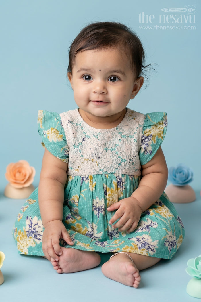 The Nesavu Baby Cotton Frocks Charming Modern Half Frock for Baby Girls with Lace Bodice and Floral Printed Skirt Nesavu 10 (NB) / Green BFJ730A-10 Charming Modern Half Frock Baby Girls Lace Bodice Floral Printed Skirt | The Nesavu