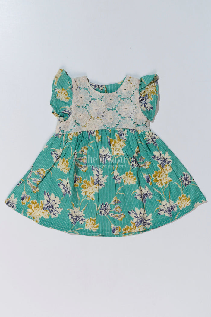 The Nesavu Baby Cotton Frocks Charming Modern Half Frock for Baby Girls with Lace Bodice and Floral Printed Skirt Nesavu 10 (NB) / Green BFJ730A-10 Nesavu Charming Modern Half Frock Baby Girls Lace Bodice Floral Printed Skirt