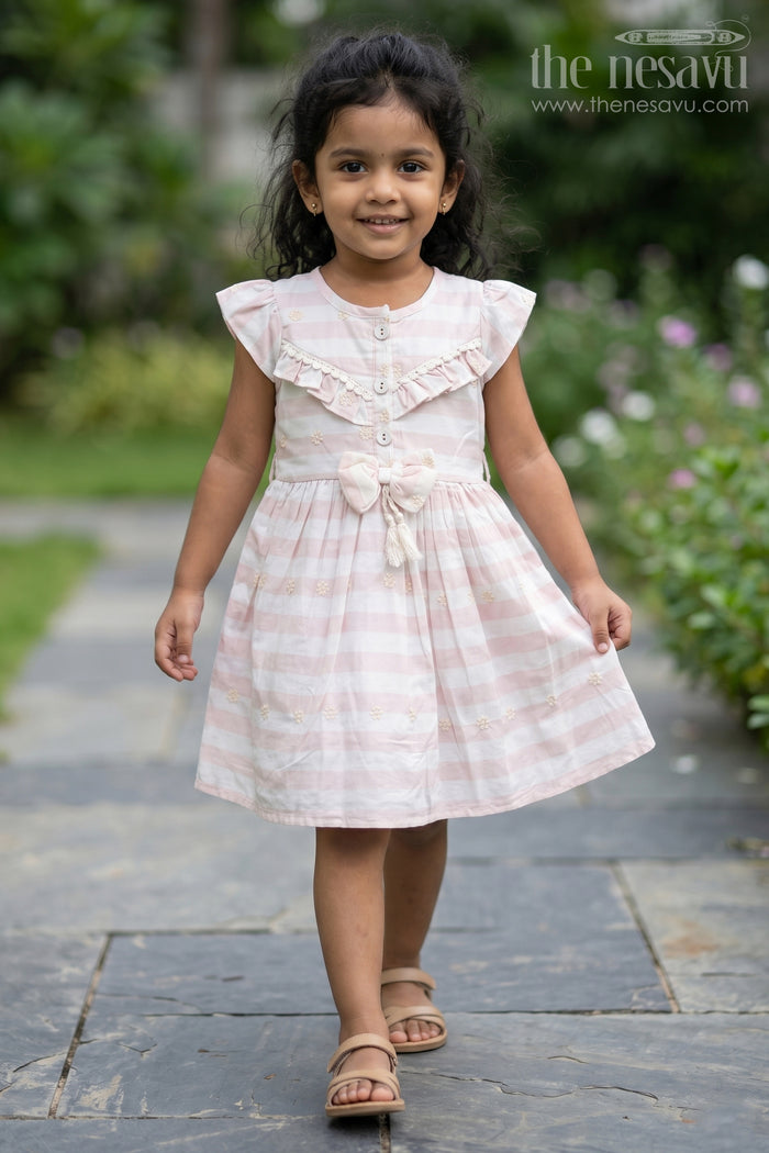The Nesavu Girls Cotton Frock Charming Pink Striped Cotton Frock for Kids with Tassel and Bow Embellishments Cotton Frock Kids Nesavu 22 (4Y) / Pink GFC1493A-22 Nesavu Pink Striped Cotton Frock Kids Tassels Bow  Stylish Comfortable