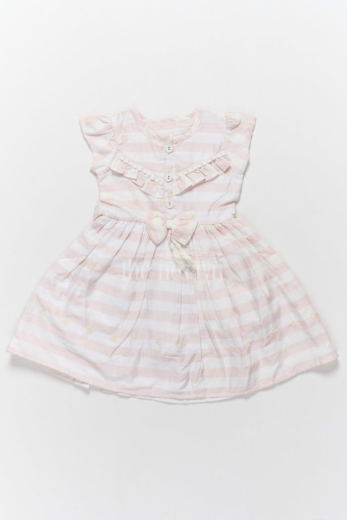 The Nesavu Girls Cotton Frock Charming Pink Striped Cotton Frock for Kids with Tassel and Bow Embellishments Cotton Frock Kids Nesavu 22 (4Y) / Pink GFC1493A-22 Nesavu Pink Striped Cotton Frock Kids Tassels Bow  Stylish Comfortable