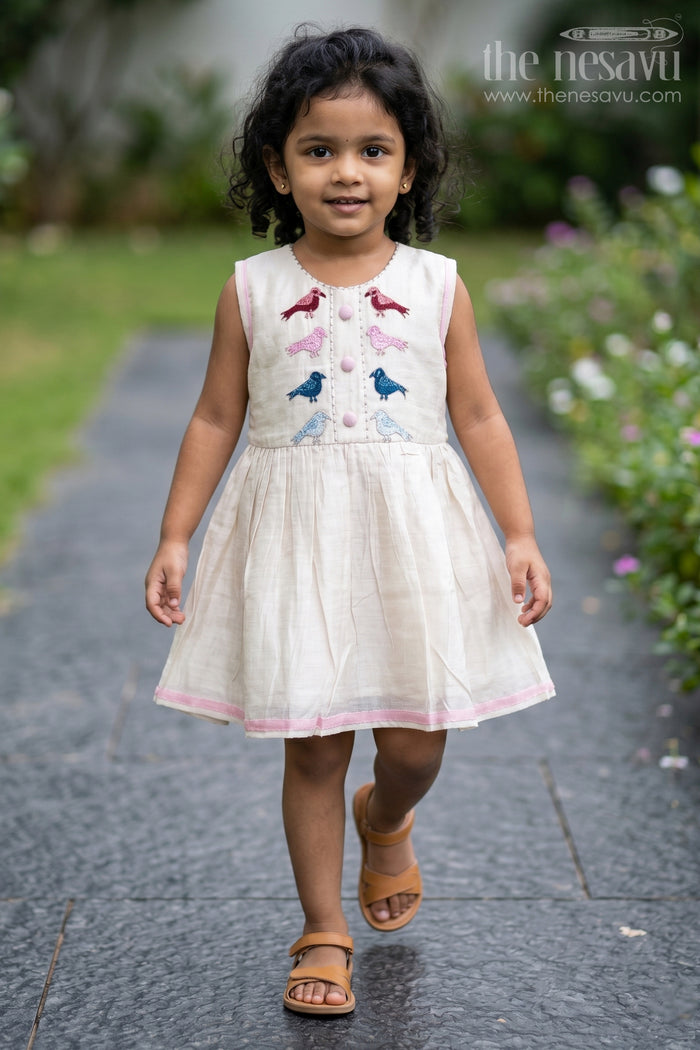 The Nesavu Girls Chanderi Frock Charming White Chanderi Cotton Frock with Bird Embroidery for Girls Nesavu 16 (1Y) / White / Chanderi GFC1314A-16 Shop Girls White Chanderi Cotton Frock | The Nesavu