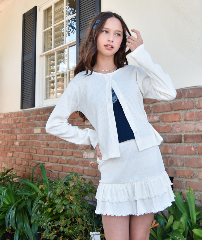 Cheryl Creations Girls Kiki Pointelle Cardigan Distressed/seasonal girls Cheryl Creations White Y/S (7/8)