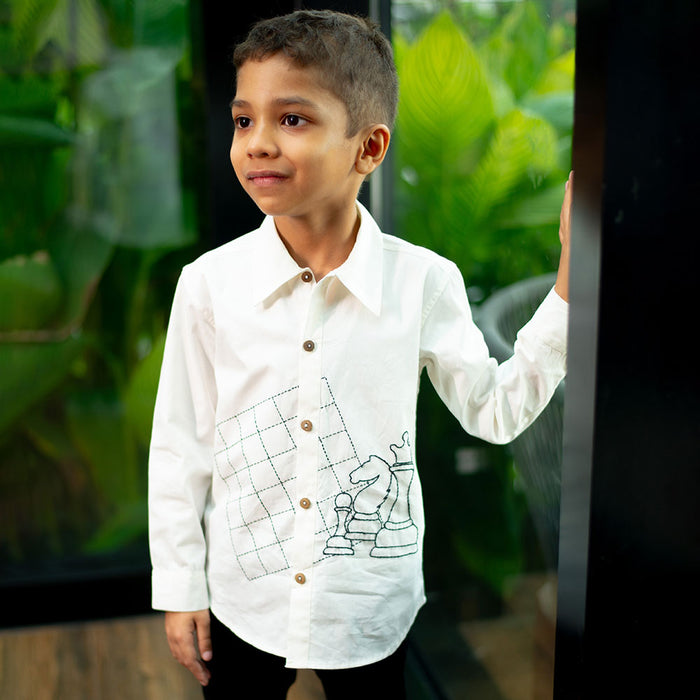 Chess Checkmate Embroidered Organic Cotton Shirt - White (1-10 Years)
