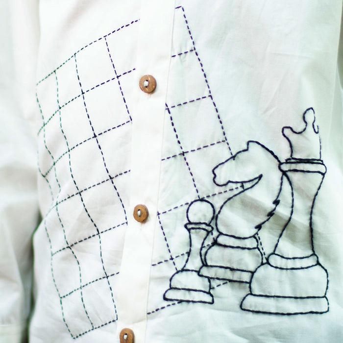 Chess Checkmate Embroidered Organic Cotton Shirt - White (1-10 Years)