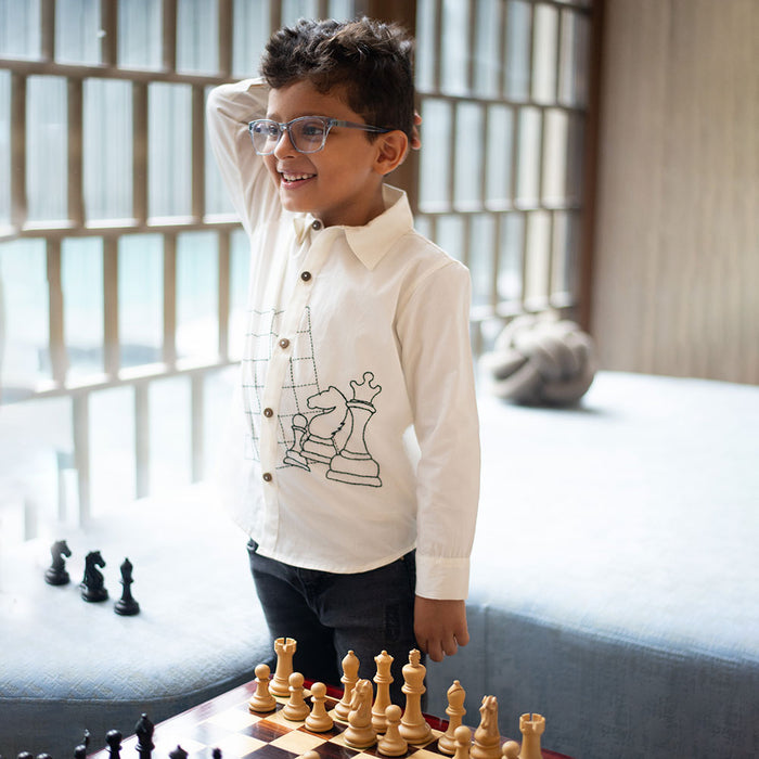 Chess Checkmate Embroidered Organic Cotton Shirt - White (1-10 Years)