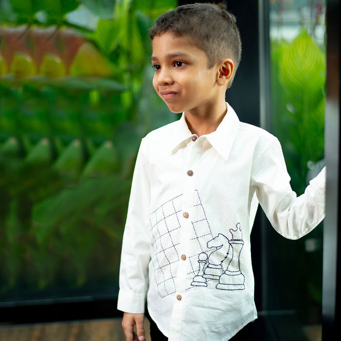 Chess Checkmate Embroidered Organic Cotton Shirt - White (1-10 Years)
