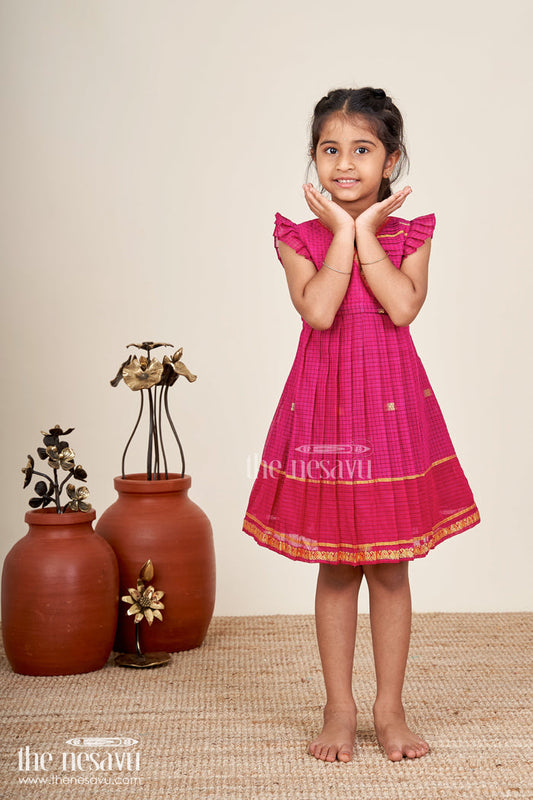 The Nesavu Girls Cotton Frock Chettinadu Silk Frock For Girls Traditional South Indian Style Nesavu 22 (4Y) / Pink GFC1816A-22 Nesavu Chettinadu Silk Frock Girls Mangalagiri Cotton Gold Borders Pleats