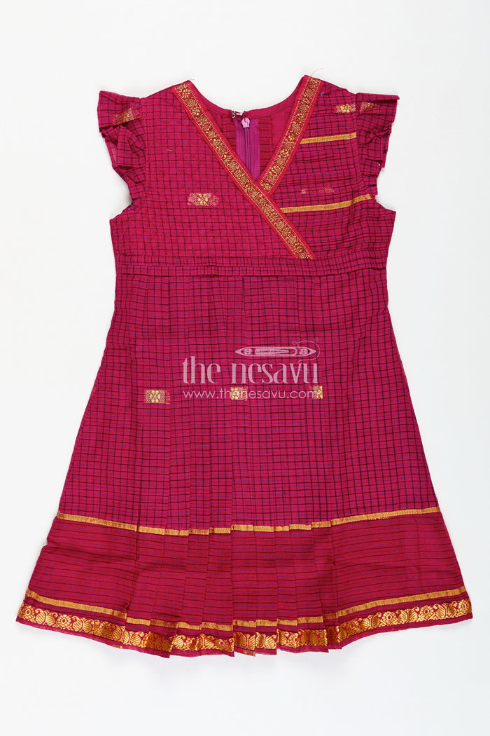 The Nesavu Girls Cotton Frock Chettinadu Silk Frock for Girls Traditional South Indian Style Nesavu Nesavu Chettinadu Silk Frock Girls Mangalagiri Cotton Gold Borders Pleats