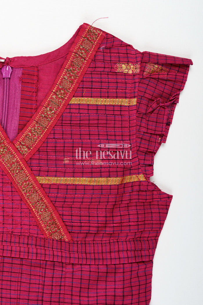 The Nesavu Girls Cotton Frock Chettinadu Silk Frock for Girls Traditional South Indian Style Nesavu Nesavu Chettinadu Silk Frock Girls Mangalagiri Cotton Gold Borders Pleats