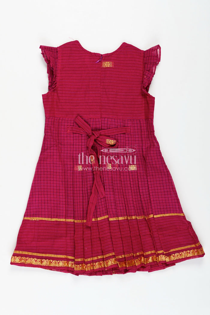 The Nesavu Girls Cotton Frock Chettinadu Silk Frock for Girls Traditional South Indian Style Nesavu Nesavu Chettinadu Silk Frock Girls Mangalagiri Cotton Gold Borders Pleats