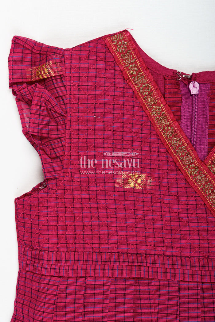 The Nesavu Girls Cotton Frock Chettinadu Silk Frock for Girls Traditional South Indian Style Nesavu Nesavu Chettinadu Silk Frock Girls Mangalagiri Cotton Gold Borders Pleats
