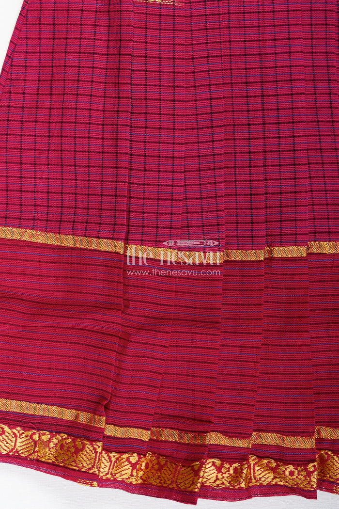 The Nesavu Girls Cotton Frock Chettinadu Silk Frock for Girls Traditional South Indian Style Nesavu Nesavu Chettinadu Silk Frock Girls Mangalagiri Cotton Gold Borders Pleats