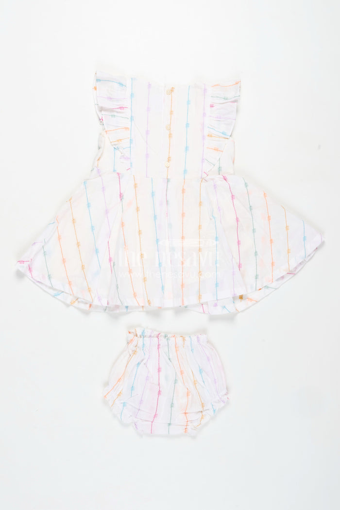 The Nesavu Baby Cotton Frocks Chhoti Bacchi Ka Frock in Soft Cotton with Multicolour Stripes and Matching Bloomers for Daily Comfort Nesavu Nesavu Chhoti Bacchi Ka Frock Multicolour Cotton Stripes Bloomers Daily Baby Wear
