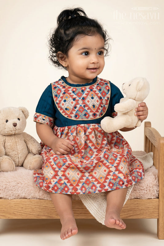 The Nesavu Baby Cotton Frocks Chic Boho Navy and Multicolor Patchwork Toddler Dresscomfortable & Stylish Nesavu 18 (2Y) / Green / Cotton BFJ496A-18 Toddler Boho Chic frock with Colorful accents | The Nesavu