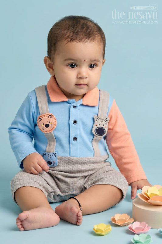 The Nesavu Baby Casual Sets Children Dungarees with Playful Animal Prints and Pastel Tones Nesavu 10 (NB) / Blue BCS202A-10 Children Dungarees Animal Prints Pastel Cotton Comfort | The Nesavu