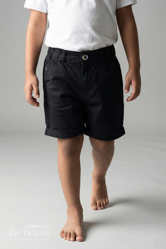 The Nesavu Boys Shorts Childrens Black Shorts in Cotton with Turned Hems and Soft Waistband for All Day Comfort Nesavu 18 (2Y) / Black BWS018A-18 Childrens Black Shorts Cotton Turned Hem Design Adjustable Waistband | The Nesavu