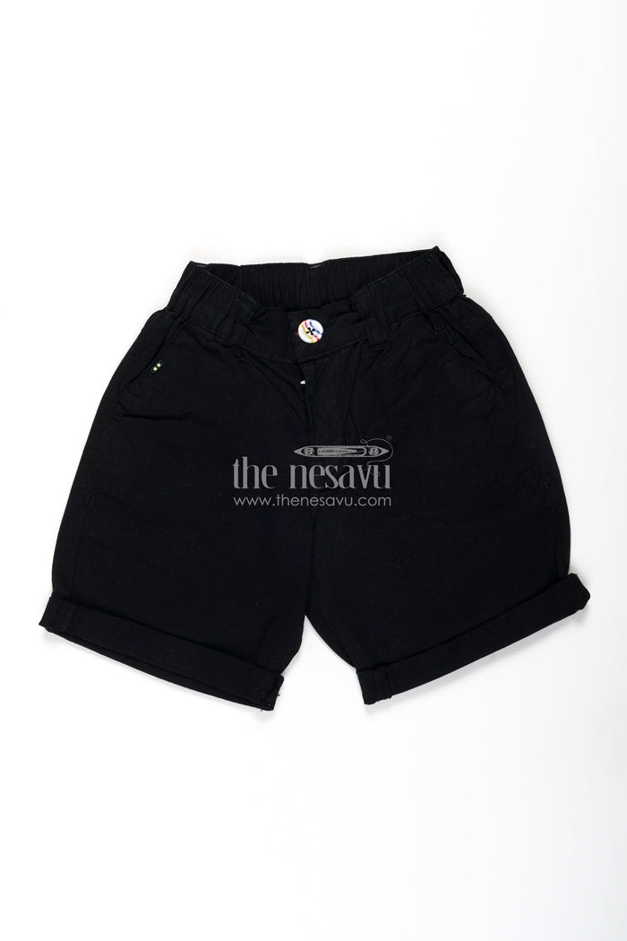 The Nesavu Boys Shorts Childrens Black Shorts in Cotton with Turned Hems and Soft Waistband for All Day Comfort Nesavu Childrens Black Shorts Cotton Turned Hem Design Adjustable Waistband | The Nesavu