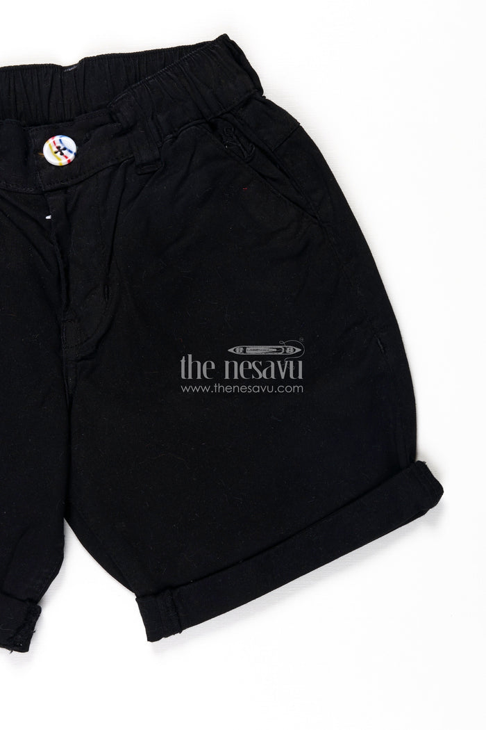 The Nesavu Boys Shorts Childrens Black Shorts in Cotton with Turned Hems and Soft Waistband for All Day Comfort Nesavu Childrens Black Shorts Cotton Turned Hem Design Adjustable Waistband | The Nesavu