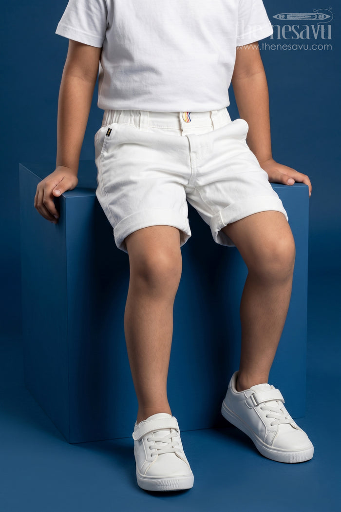 The Nesavu Boys Shorts Childrens Shorts for Boys in Off White Cotton with Turned Hems and Elastic Waist Fit Nesavu 18 (2Y) / Half white BWS018B-18 Childrens Shorts Boys Off White Cotton Rolled Hem Button Waist | The Nesavu
