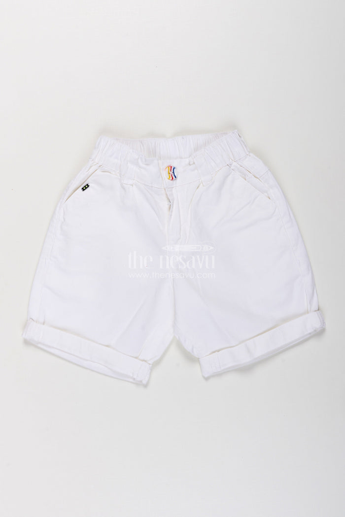 The Nesavu Boys Shorts Childrens Shorts for Boys in Off White Cotton with Turned Hems and Elastic Waist Fit Nesavu Childrens Shorts Boys Off White Cotton Rolled Hem Button Waist | The Nesavu