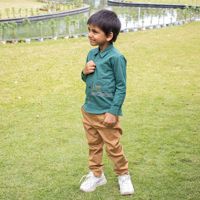 Chuk Chuk Embroidered Formal Shirt - Bottle Green (1-8 Years)