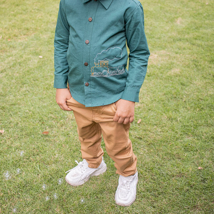 Chuk Chuk Embroidered Formal Shirt - Bottle Green (1-8 Years)