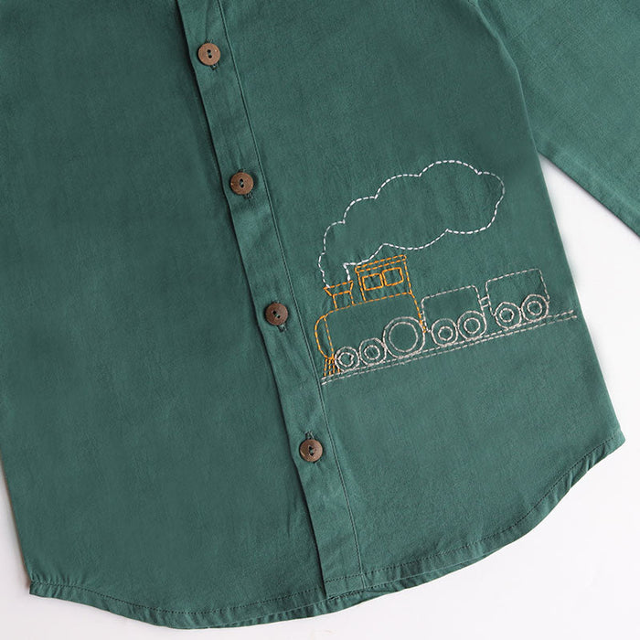 Chuk Chuk Embroidered Formal Shirt - Bottle Green (1-8 Years)